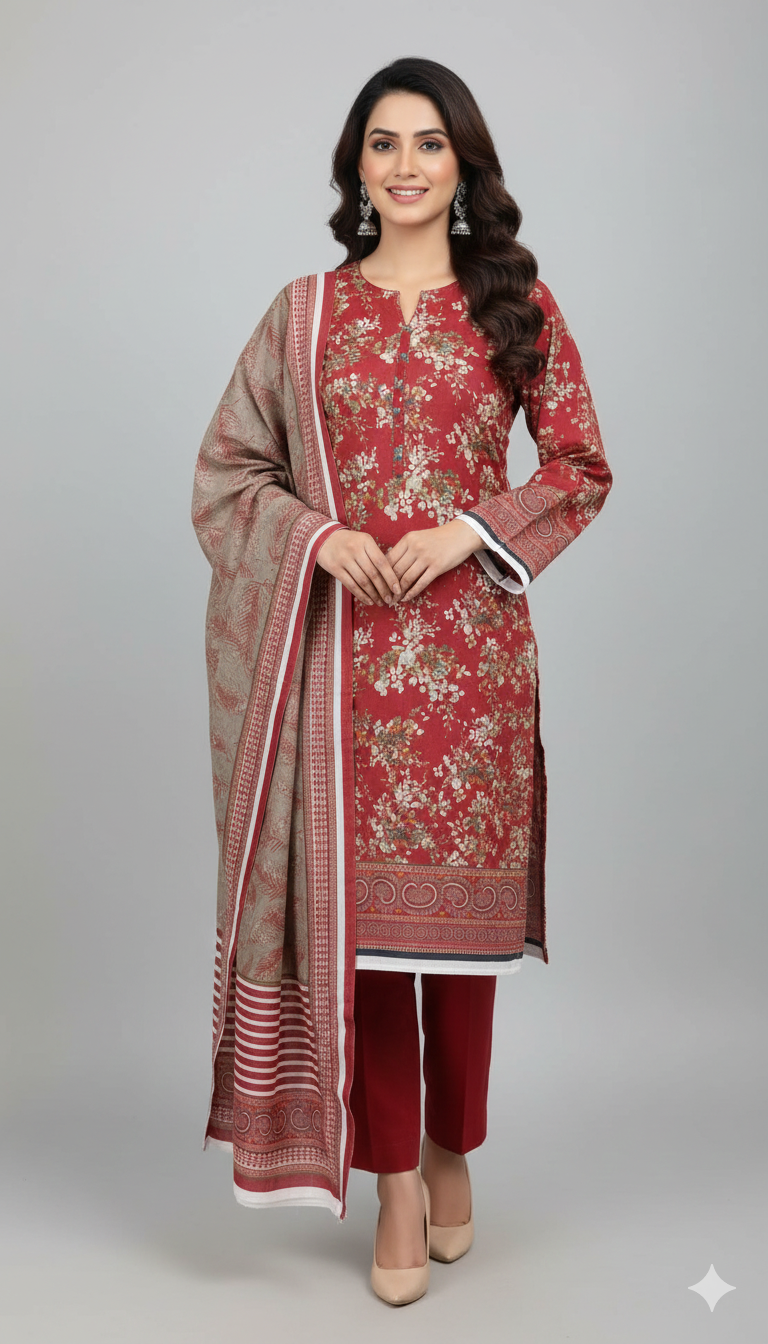 3 Piece - Printed Khaddar Suit