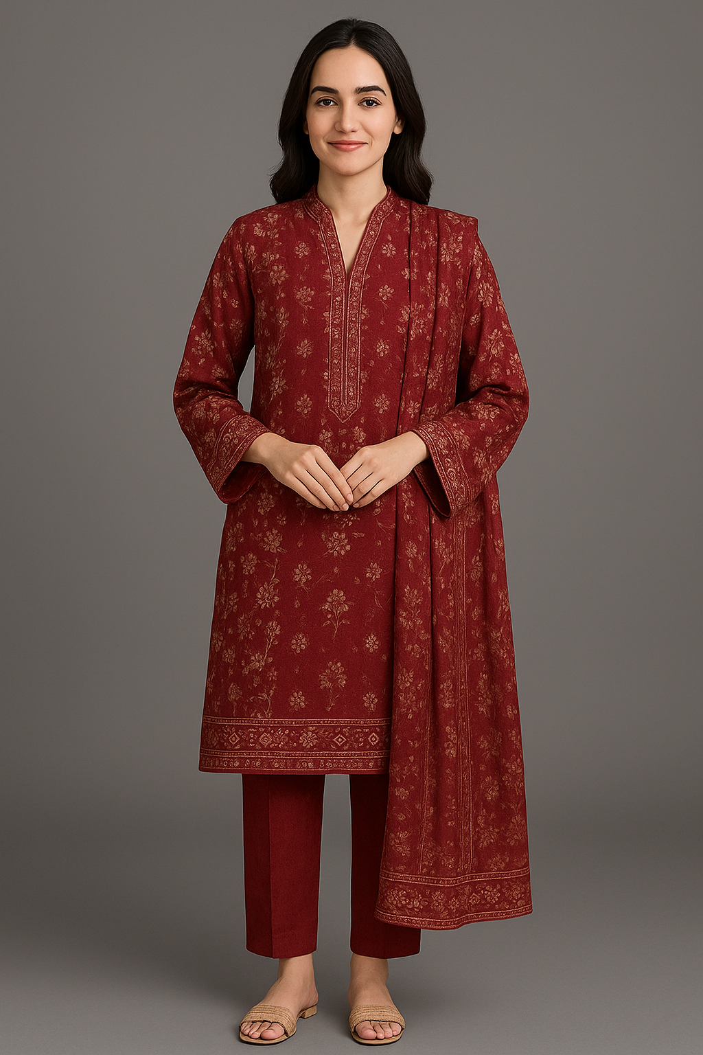 3 Piece – Printed Dhanak Suit