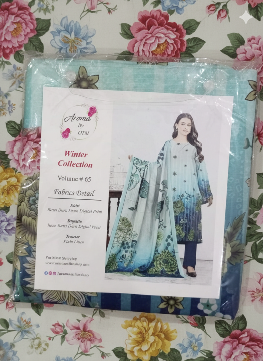 Aroma by QTM Winter Collection – Blue & Aqua Floral Khaddar 3-Piece Suit (Volume #65)