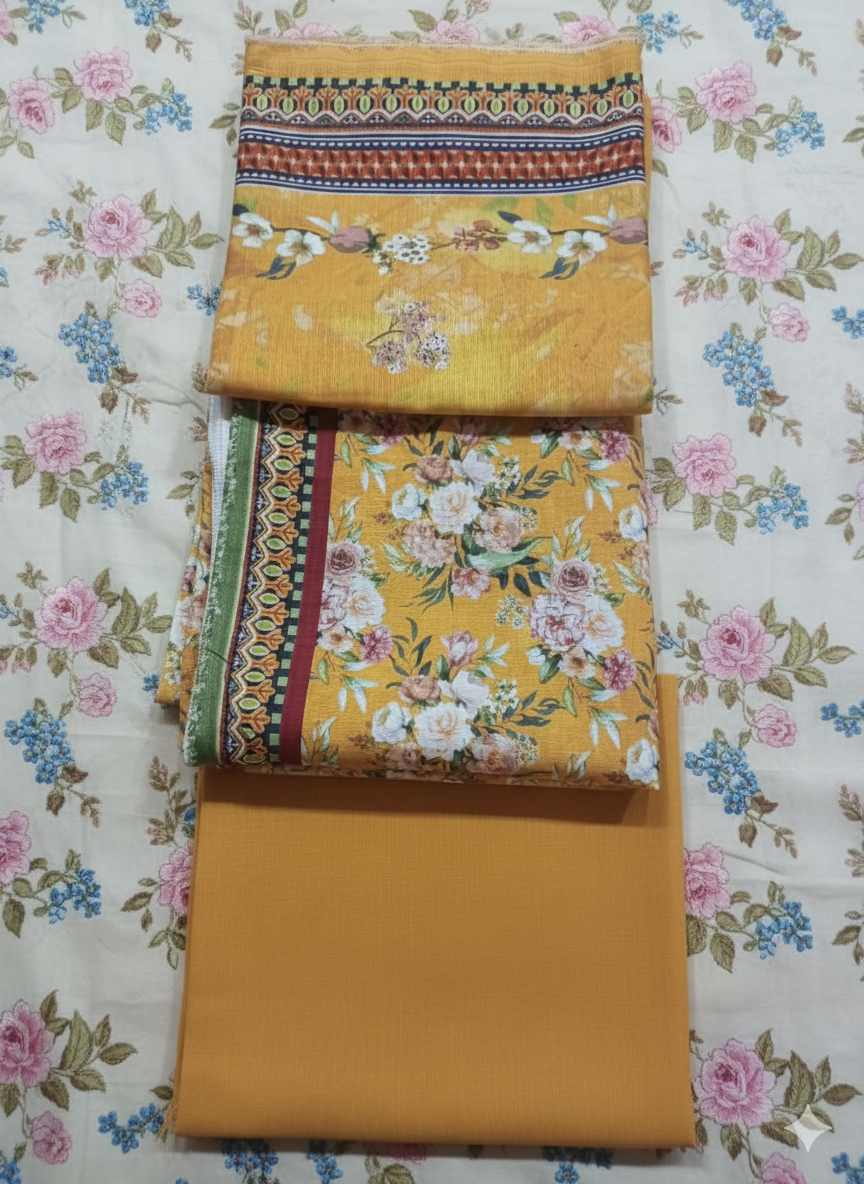 Bin Saeed 3 Piece Khaddar Suit – Mustard Floral