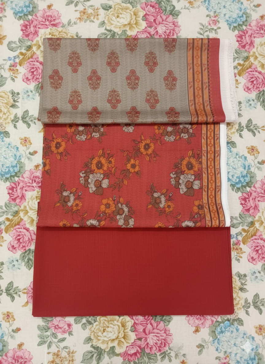 Bin Saeed Winter Collection – Rust & Beige Floral Khaddar 3-Piece Suit