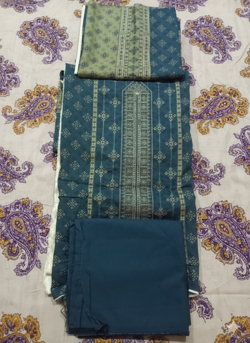 Broshia Jacquard 3-Piece Suit – Elegant Blue & Olive Design