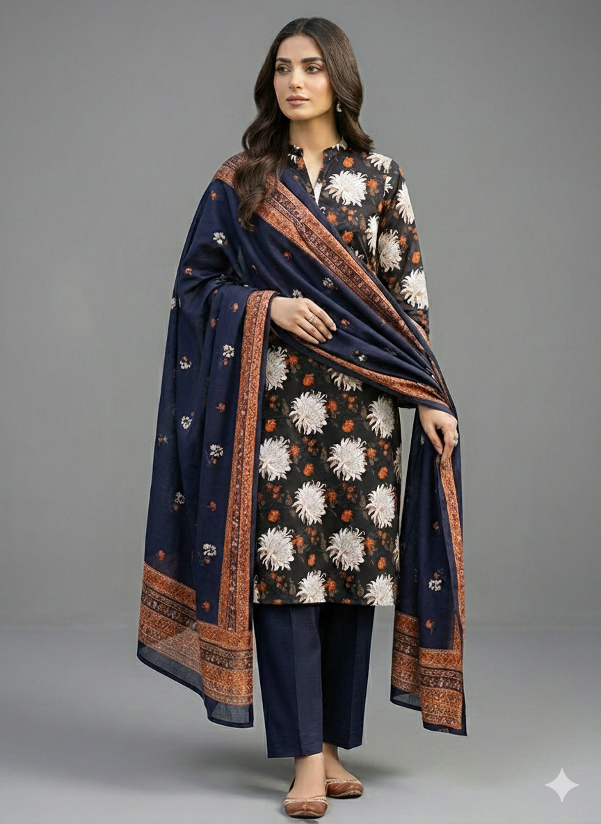 3 Piece - Printed Khaddar Suit