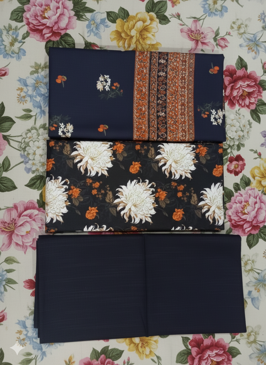 Sapphire Winter Collection – Navy Blossom Khaddar 3-Piece Suit