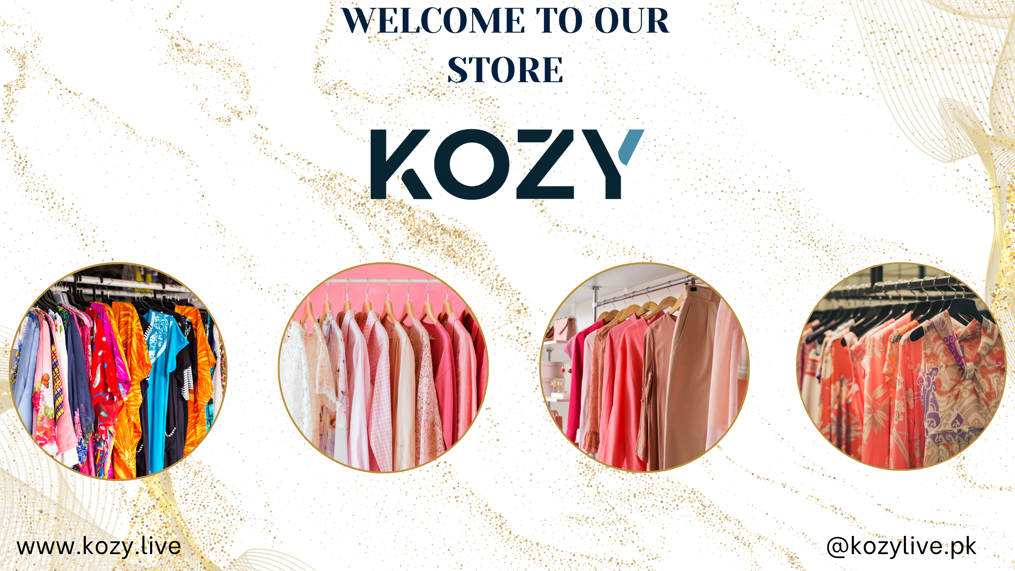 Welcome to Kozy store with clothing images and website URL.